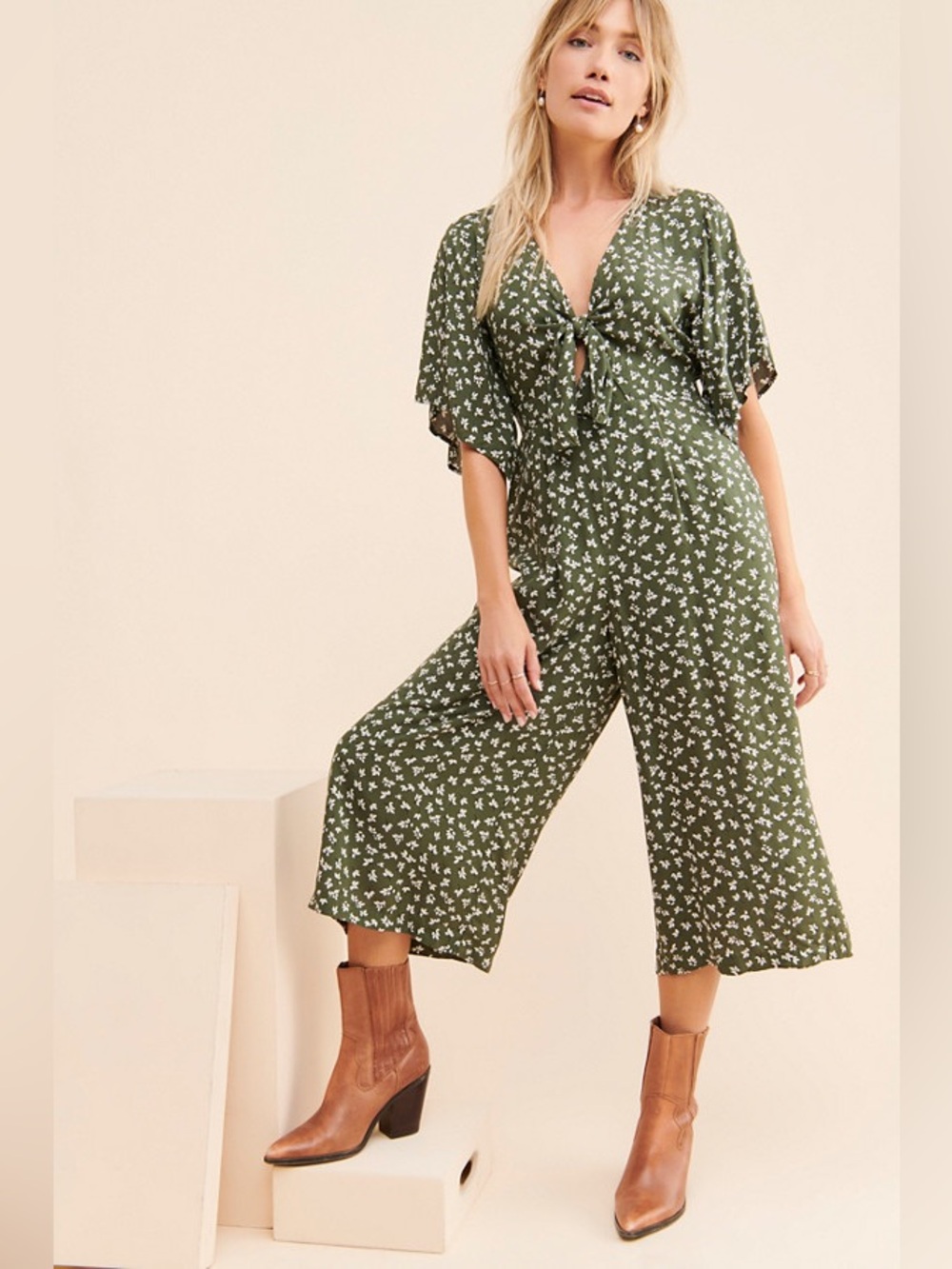 En Elly Floral Tie-Front Jumpsuit | Green | Size Large